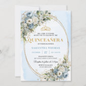 Lovely Dusty Blue Gold Greenery Quinceañera Invite Einladung (Vorderseite)