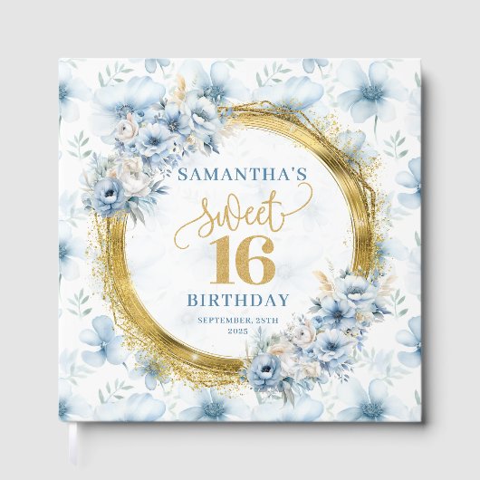 Lovely Dusty Blue Sweet 16 Gästebuch mit Glitzer (Vorderseite)