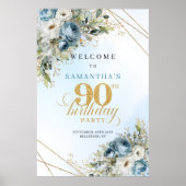 Lovely dusty blue watercolor florals 90th birthday poster (Vorne)