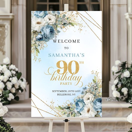 Lovely dusty blue watercolor florals 90th birthday poster