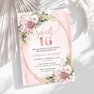 Lovely Dusty Pink Floral Greenery Sweet Sixteen  Einladung