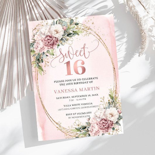 Lovely Dusty Pink Floral Greenery Sweet Sixteen  Einladung