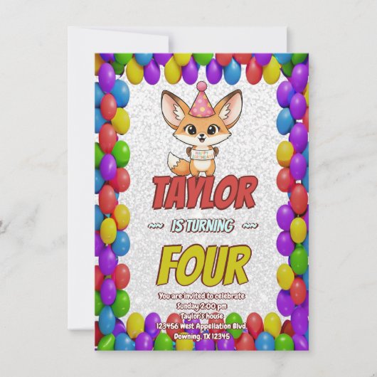 Lovely Fennec Fox 4th Birthday Invitation Einladung (Vorderseite)