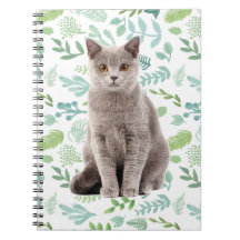 Lovely Gray Cat with Flowers and Leaves Pattern