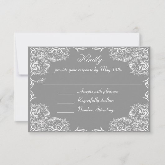 Lovely Lace Frame Gray Wedding RSVP Karte (Vorderseite)