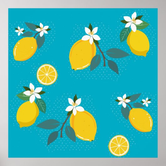 lovely lemons yellow lemons, on blue background poster (Vorne)