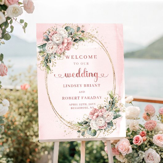 Lovely Light Pink Rose Gold Floral Wedding Sign Poster