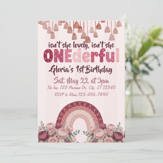 lovely, ONEderful, dusty rose rainbow 1st Birthday Einladung (Stehend Vorderseite)
