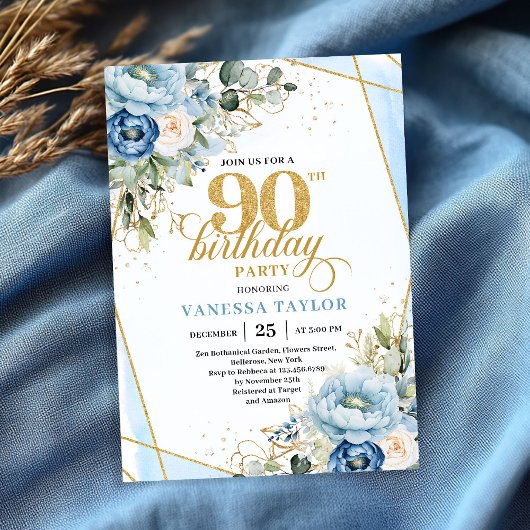 Lovely pale blue gold florals 90th birthday invite einladung