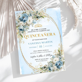 Lovely Pastel Blue Gold Eucalyptus Quinceañera  Einladung