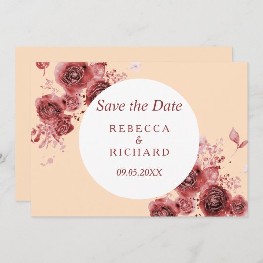 Lovely Peach and Burgundy Save the Date (Vorne/Hinten)