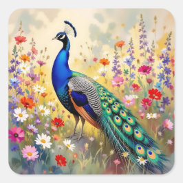 Lovely Peacock in Field of Flowers Quadratischer Aufkleber