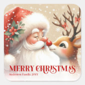 Lovely Personalized Santa Rudolph Merry Christmas Quadratischer Aufkleber (Vorderseite)