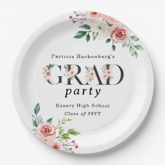 Lovely Pink Floral GRAD Custom Party Paper Plates Pappteller
