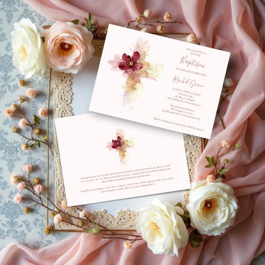 Lovely Pink Shades Floral Cross-Shape Baptism Einladung