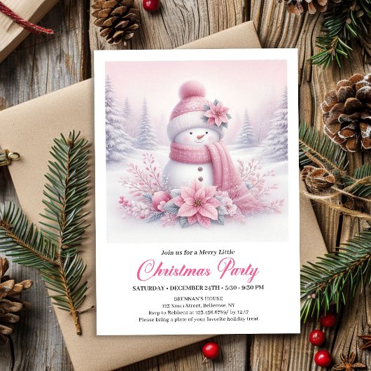 Lovely Pink Snowman Editable Christmas Kids Invite Einladung