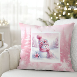 Lovely Pink Snowman Pillow Soft Winter Scene Kissen