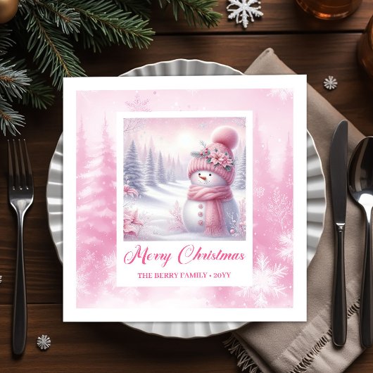 Lovely Pink Snowman Winter Scene Christmas Napkins Serviette
