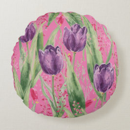 Lovely, Purple,Shocking Pink Tulip Flowers Pattern Rundes Kissen