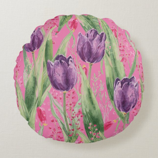 Lovely, Purple,Shocking Pink Tulip Flowers Pattern Rundes Kissen (Vorderseite)