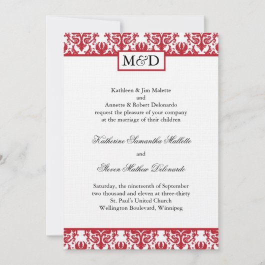 Lovely Red Damask Wedding Einladung (Vorderseite)