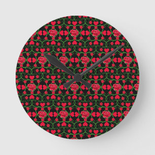 Lovely Red Hearts Roses Black Valentines Day Runde Wanduhr
