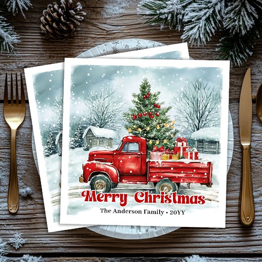 Lovely red truck Christmas scene rustic napkin set Serviette
