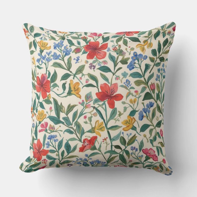 Lovely, Red Yellow Blue Flowers and Leaves Pattern Kissen (Vorderseite)