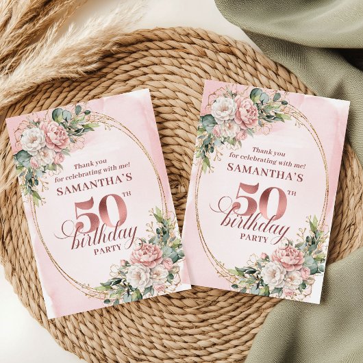 Lovely Rose Gold Blush Flowers 50th Birthday  Dankeskarte