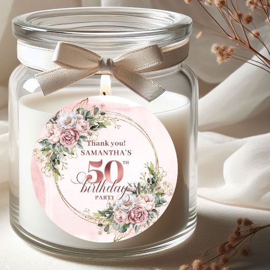 Lovely Rose Gold Blush Flowers 50th Birthday Favor Runder Aufkleber