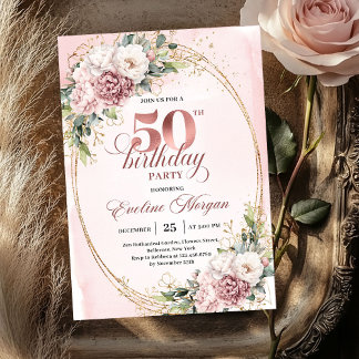 Lovely Rose Gold Blush Flowers 50th Birthday Party Einladung