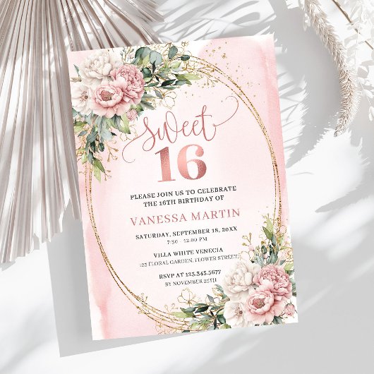 Lovely Rose Gold Flowers Eucalyptus 16th Birthday  Einladung