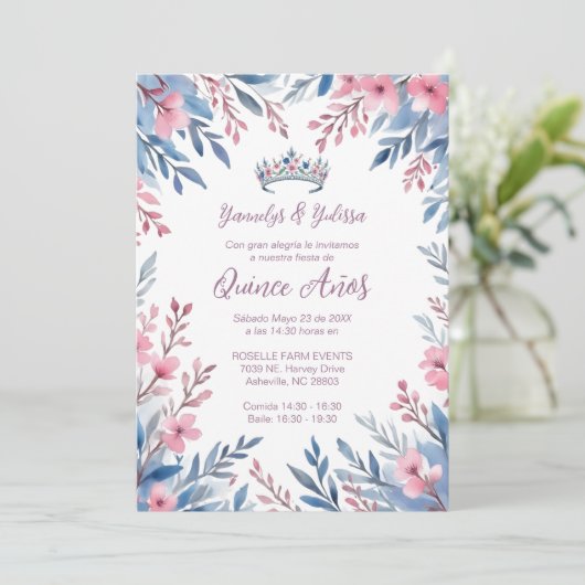 Lovely Twins Botanical Frame Tiara Spanish Photo Einladung (Stehend Vorderseite)