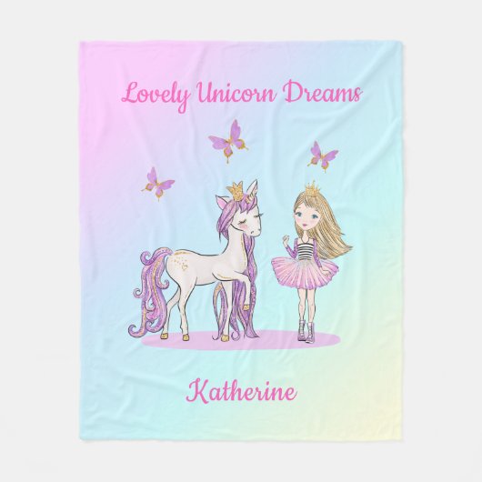Lovely Unicorn Dreams Personalisiert Fleecedecke (Vorderseite)
