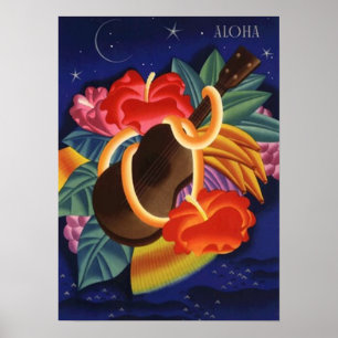 LOVELY VINTAGE HAWAII ~ UKULELE & HIBISCUS POSTER