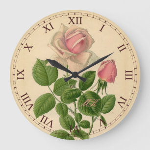 Lovely Vintage Pink Hybrid Tea Rose Roman Numerals Große Wanduhr