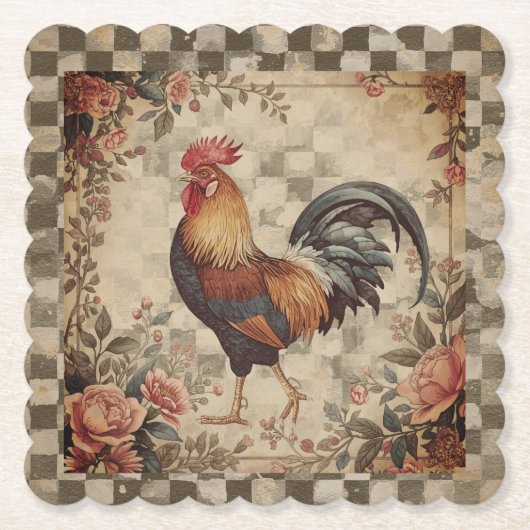 Lovely Vintage Rooster and Flowers Pattern Untersetzer (Vorderseite)