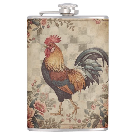 Lovely Vintage Rooster ,Flowers Pattern, Checke Flachmann (Vorderseite)