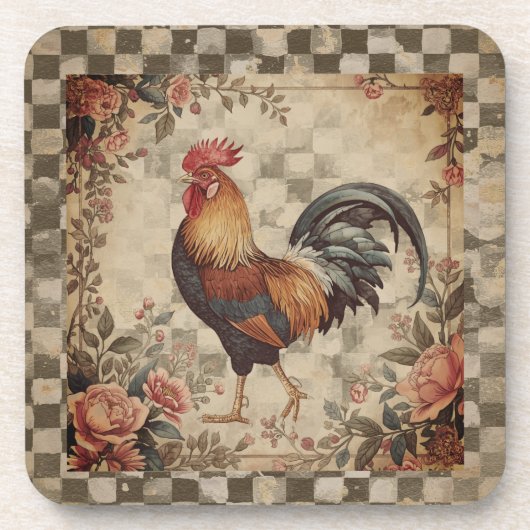 Lovely Vintage Rooster ,Flowers Pattern, Checke Getränkeuntersetzer (Vorderseite)
