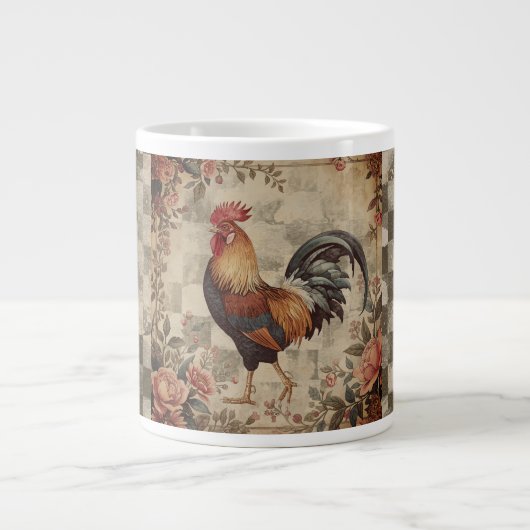 Lovely Vintage Rooster ,Flowers Pattern, Checke Jumbo-Tasse (Vorderseite)