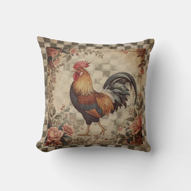 Lovely Vintage Rooster ,Flowers Pattern, Checke Kissen (Vorderseite)