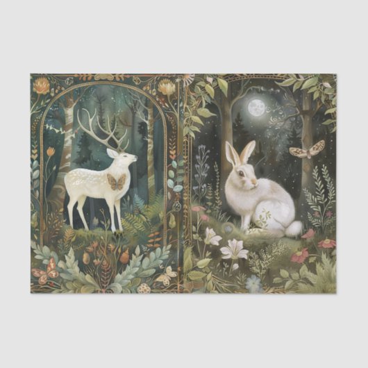 Lovely White Deer & Rabbit in the Forest Moonlight Seidenpapier (Vorderseite)