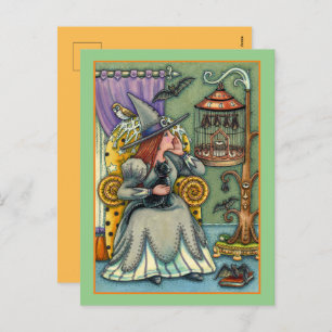 LOVELY WITCH, CAT & HER PETS, BVT CAGE, HALLOWEWEE FEIERTAGSPOSTKARTE