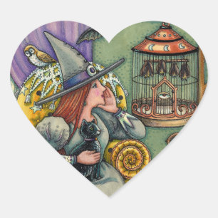 LOVELY WITCH, CAT & HER PETS, BVT CAGE, HALLOWEWEE Herz-Aufkleber