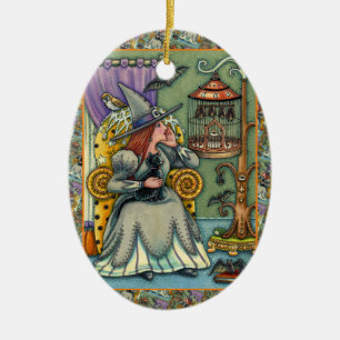 LOVELY WITCH, CAT & HER PETS, BVT CAGE, HALLOWEWEE KERAMIK ORNAMENT