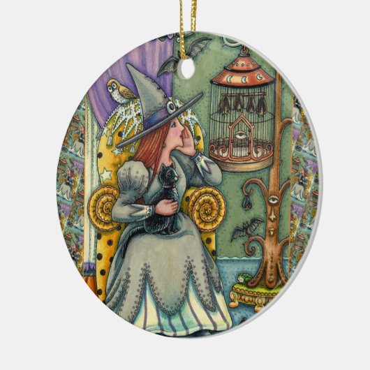 LOVELY WITCH, CAT & HER PETS, BVT CAGE, HALLOWEWEE KERAMIK ORNAMENT (Links)