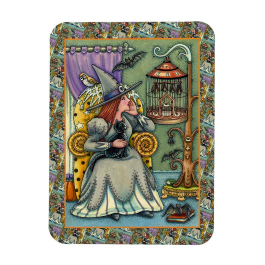 LOVELY WITCH, CAT & HER PETS, BVT CAGE, HALLOWEWEE MAGNET (Vertikal)