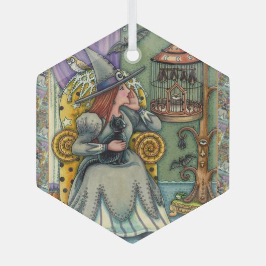 LOVELY WITCH, CAT & HER PETS, BVT CAGE, HALLOWEWEE ORNAMENT AUS GLAS (Vorderseite)