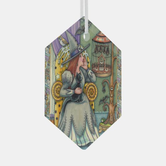 LOVELY WITCH, CAT & HER PETS, BVT CAGE, HALLOWEWEE ORNAMENT AUS GLAS (Vorderseite Rechts)