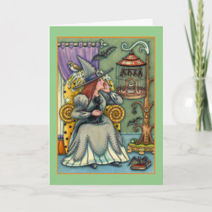 LOVELY WITCH, CAT, PETS, BAT CAGE, HALLOWEEN VERSE FEIERTAGSKARTE